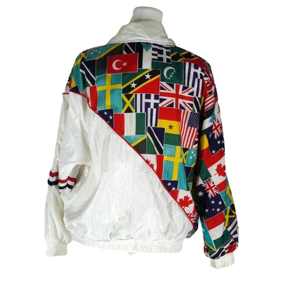 Vintage 90s Nylon Windbreaker Bomber Style Track Jacket Country Flags Janeve Siz - Picture 2 of 12